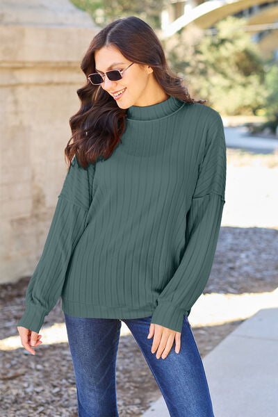 Basic Bae Full Size Ribbed Exposed Seam Mock Neck Knit Top - NeoKira Unlimited