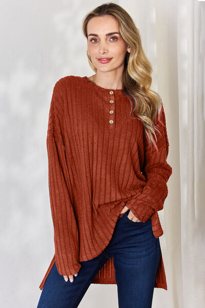 Basic Bae Full Size Ribbed Half Button Long Sleeve High-Low T-Shirt - NeoKira Unlimited
