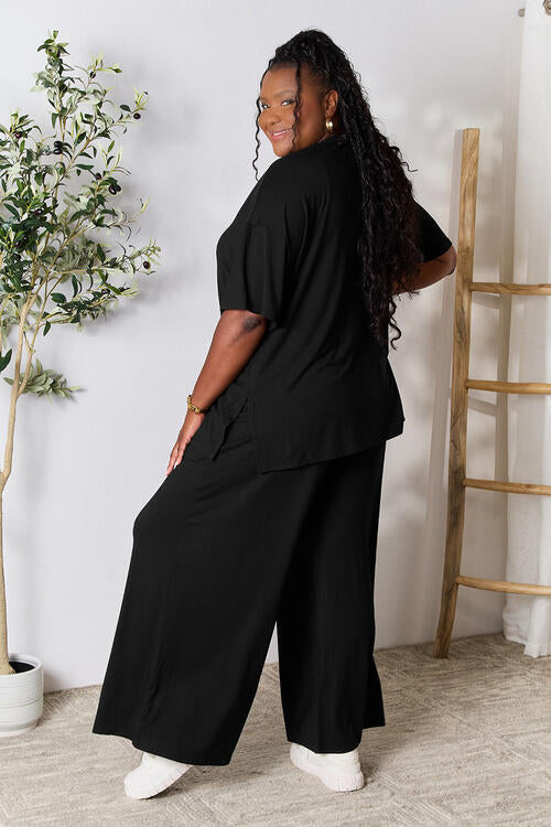 Double Take Full Size Round Neck Slit Top and Pants Set - NeoKira Unlimited