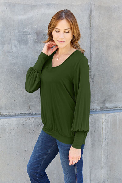 Basic Bae Full Size V-Neck Lantern Sleeve Blouse Top Trendsi   