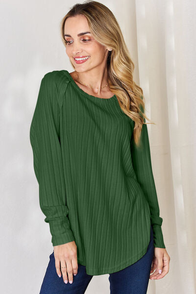 Basic Bae Full Size Ribbed Round Neck Slit Shirt - NeoKira Unlimited
