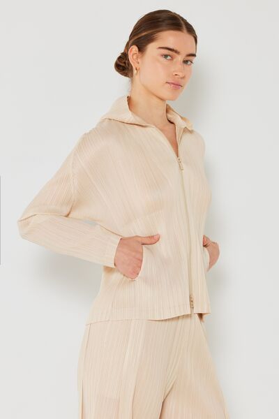 Marina West Swim Pleated Hood Jacket with 2 Way Zipper Jacket Trendsi Beige S/M 