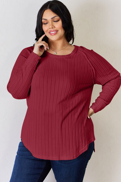 Basic Bae Full Size Ribbed Round Neck Slit Shirt - NeoKira Unlimited