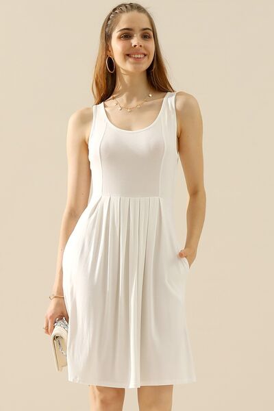 Doublju Full Size Round Neck Ruched Sleeveless Dress with Pockets Mini Dress Trendsi WHITE S 