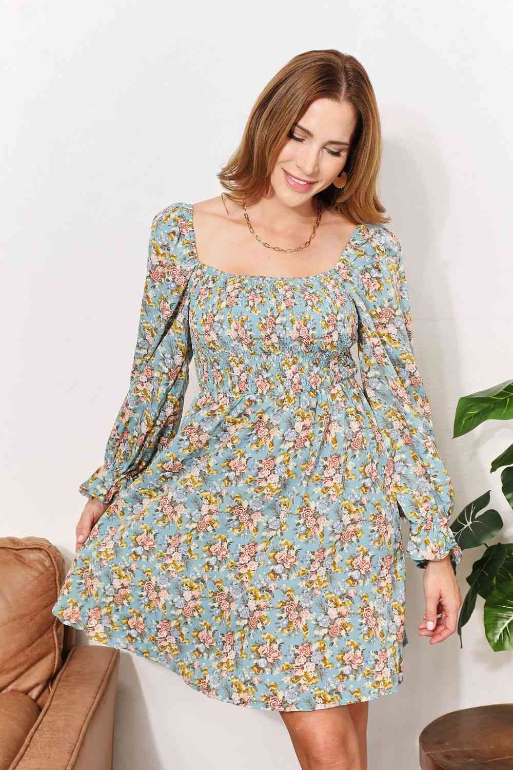 Honey Floral Smocked Flounce Sleeve Square Neck Dress - NeoKira Unlimited