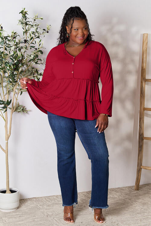 Double Take Half Button Long Sleeve Ruffle Hem Blouse - NeoKira Unlimited
