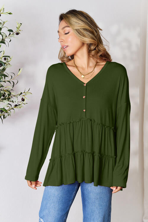 Double Take Half Button Long Sleeve Ruffle Hem Blouse - NeoKira Unlimited