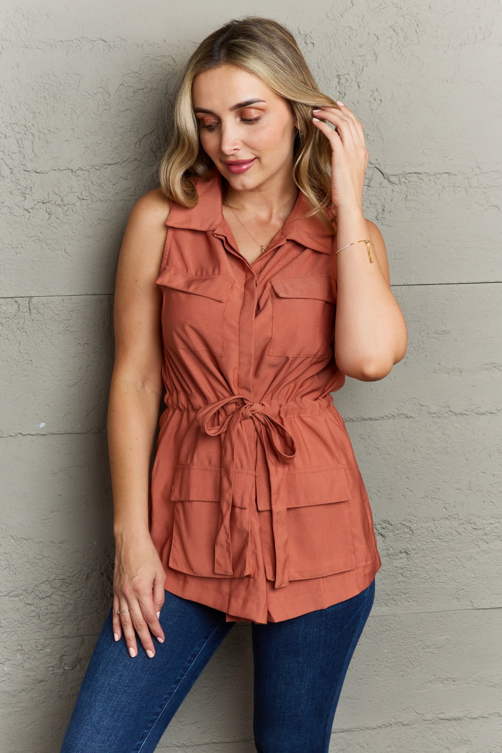 Ninexis Follow The Light Sleeveless Collared Button Down Top Top Trendsi Brick Red S 