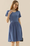 Ninexis Full Size Round Neck Ruched Dress with Pockets Mini Dress Trendsi DENIMBLUE S 