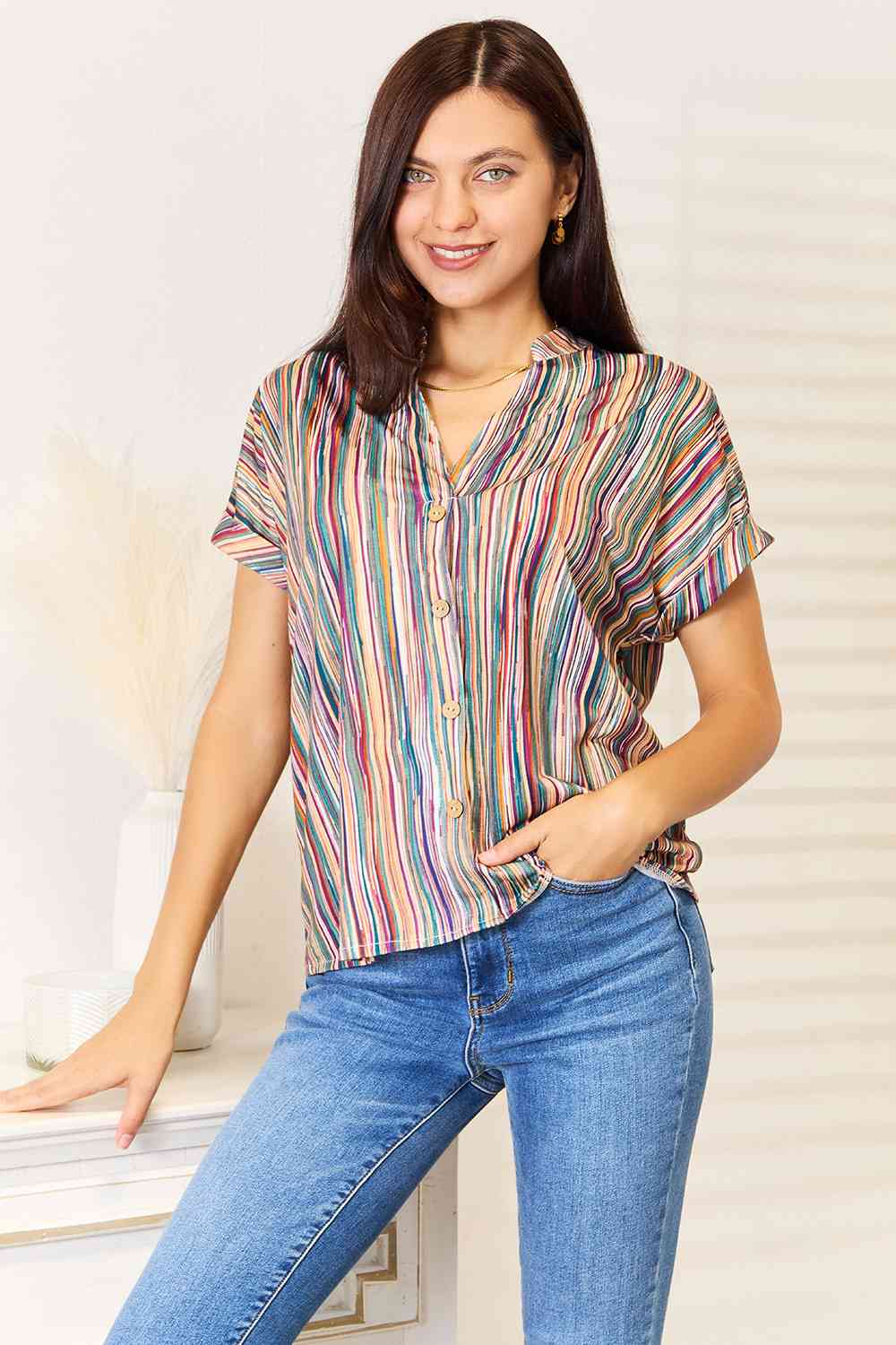 Double Take Multicolored Stripe Notched Neck Top Top Trendsi   