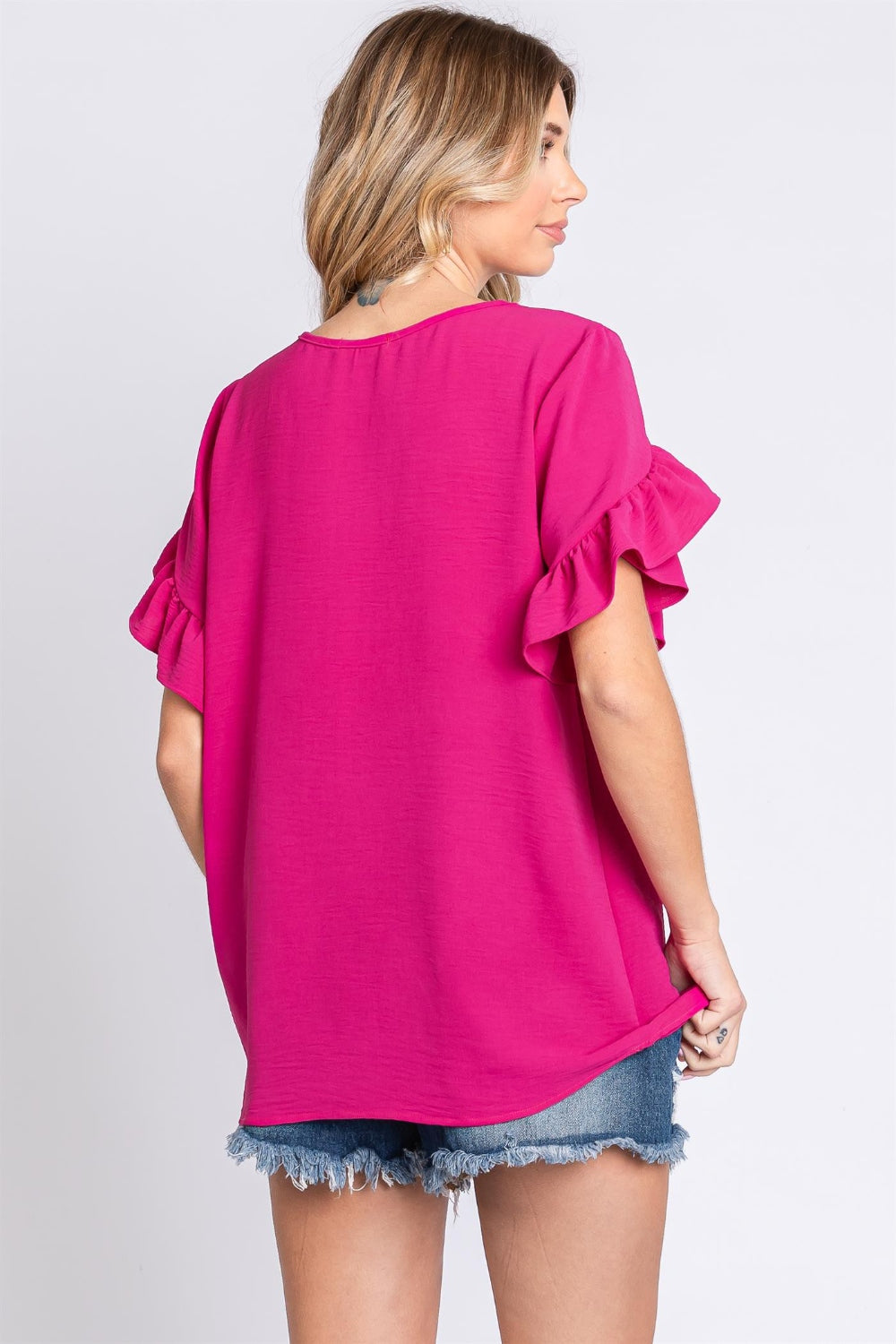 GeeGee V-Neck Ruffle Trim Short Sleeve Blouse - NeoKira Unlimited