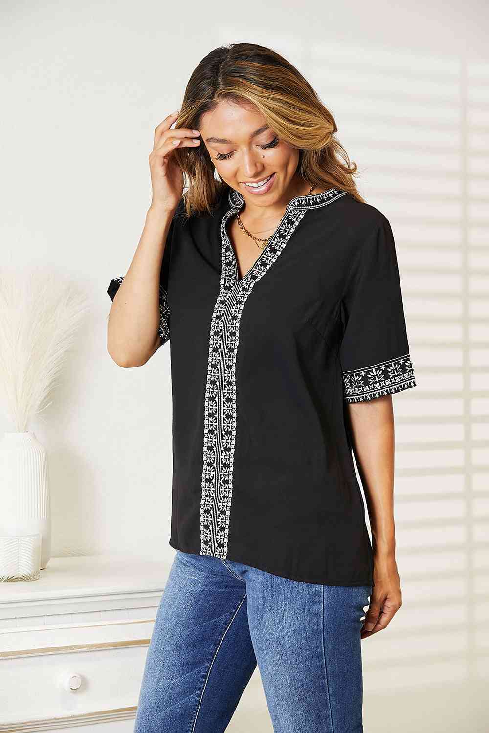 Double Take Embroidered Notched Neck Top - NeoKira Unlimited