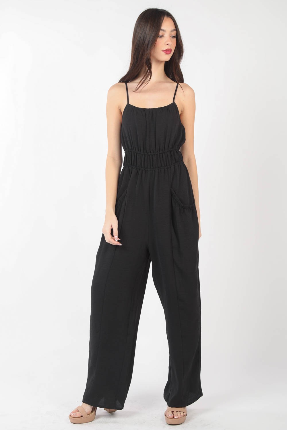 VERY J Pintuck Detail Woven Sleeveless Jumpsuit Jumpsuits Trendsi   