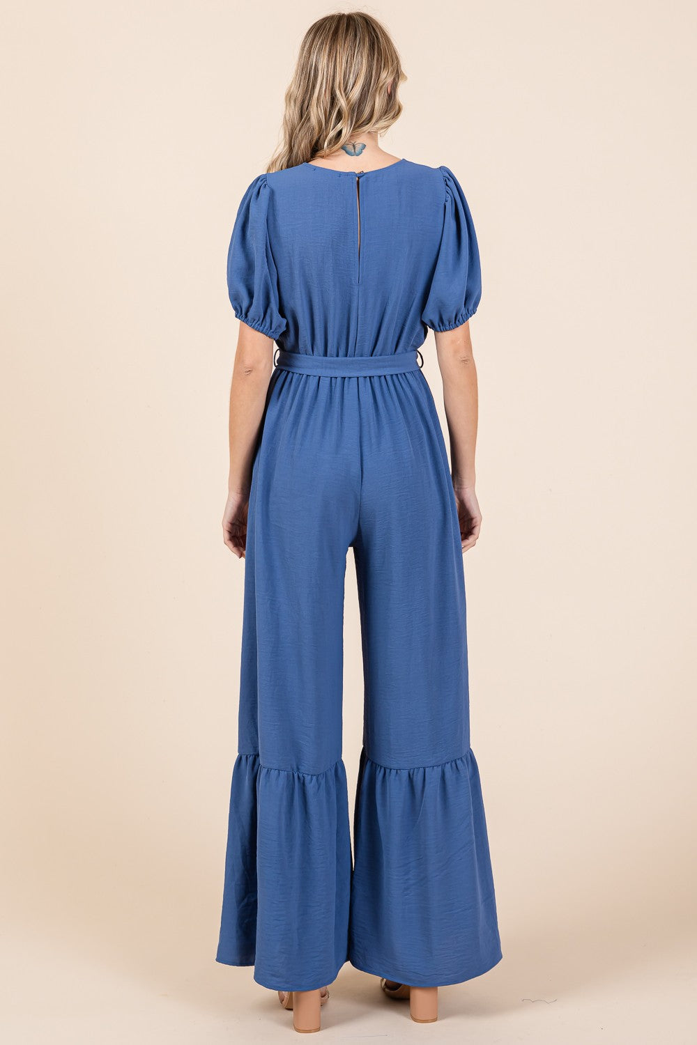 GeeGee Full Size V-Neck Belted Wide Leg Jumpsuit Jumpsuits Trendsi   