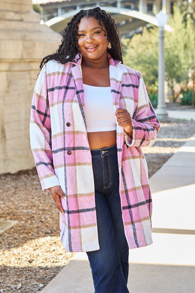 Double Take Full Size Plaid Button Up Lapel Collar Coat - NeoKira Unlimited