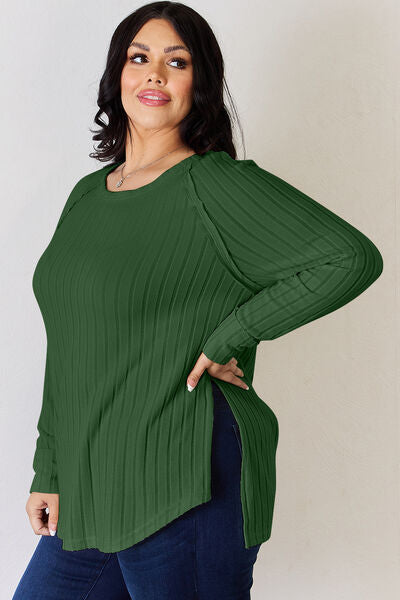 Basic Bae Full Size Ribbed Round Neck Slit Shirt - NeoKira Unlimited