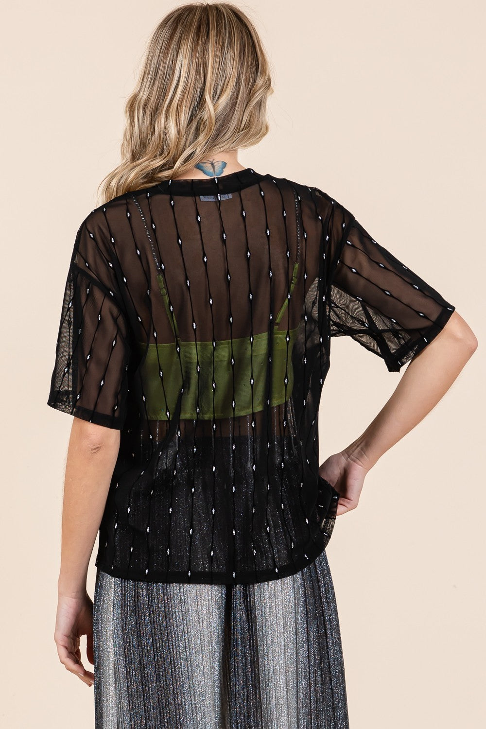 GeeGee Round Neck Drop Shoulder Mesh Glitter Top - NeoKira Unlimited