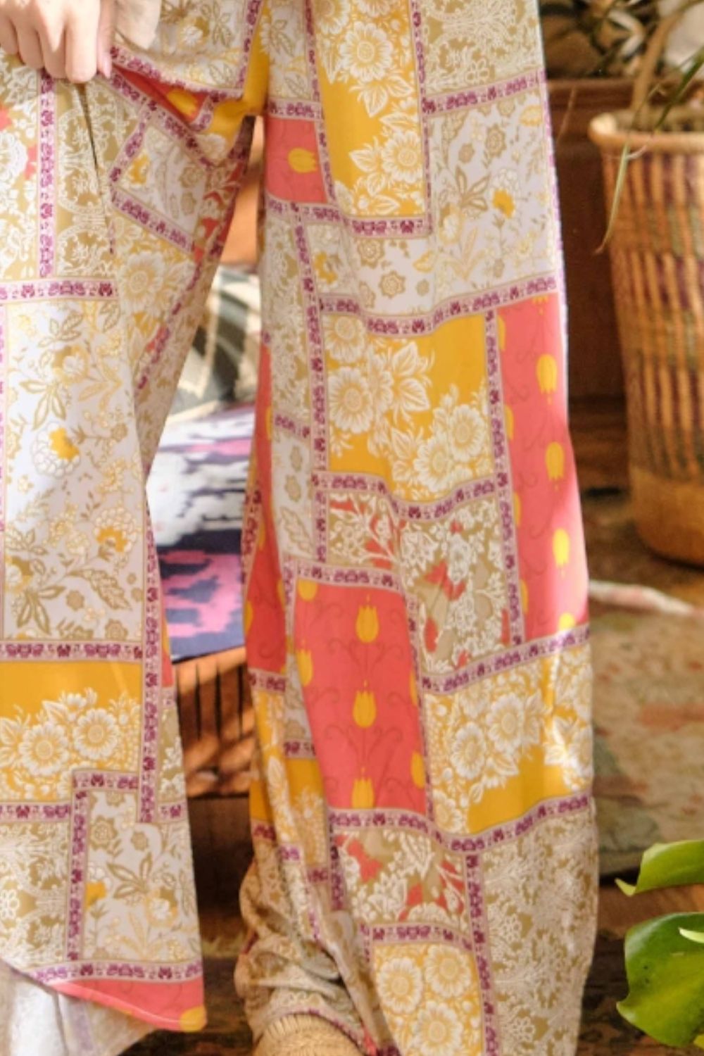 And The Why Printed Smocking Waist Side Slit Wide Leg Pants - NeoKira Unlimited