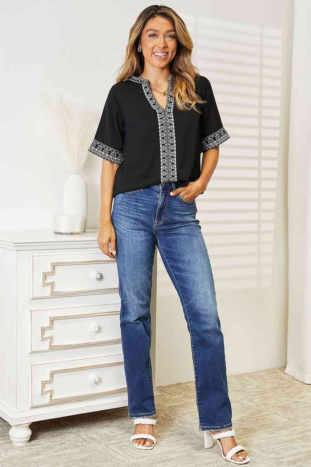 Double Take Embroidered Notched Neck Top Top Trendsi   