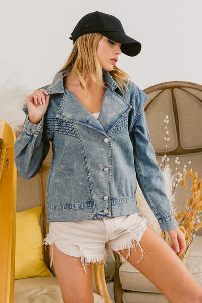 BiBi Button Up Long Sleeve Denim Jacket Jacket Trendsi   