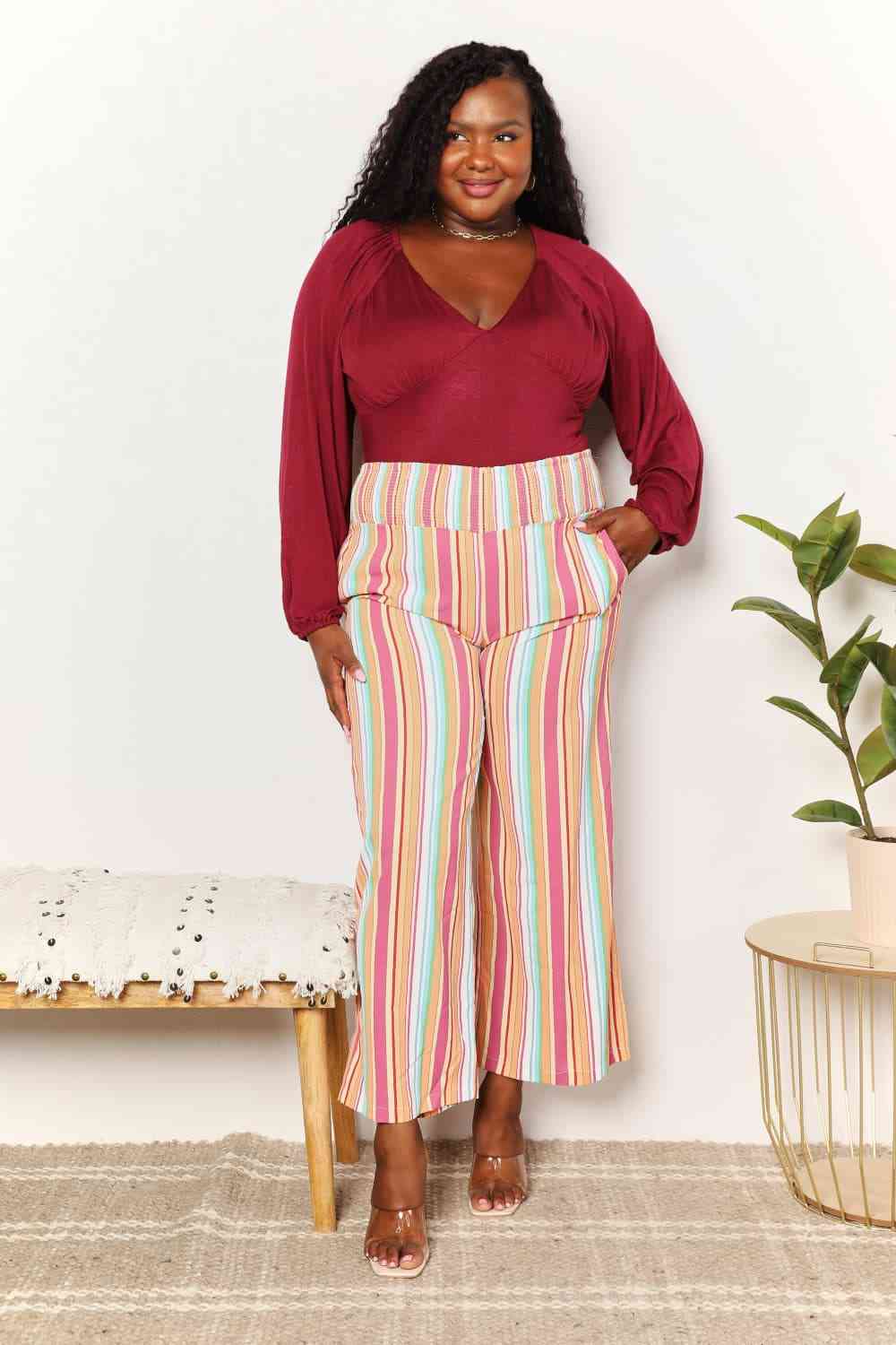 Double Take Striped Smocked Waist Pants with Pockets Pants Trendsi   