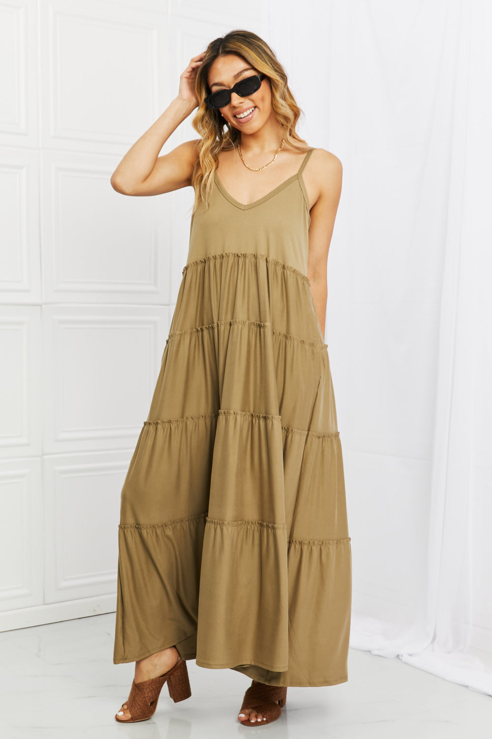 Zenana Full Size Spaghetti Strap Tiered Dress with Pockets in Khaki Maxi Dress Trendsi   