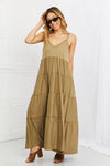 Zenana Full Size Spaghetti Strap Tiered Dress with Pockets in Khaki Maxi Dress Trendsi   