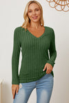 Basic Bae Full Size Ribbed V-Neck Long Sleeve Shirt Top Trendsi Mid Green S 