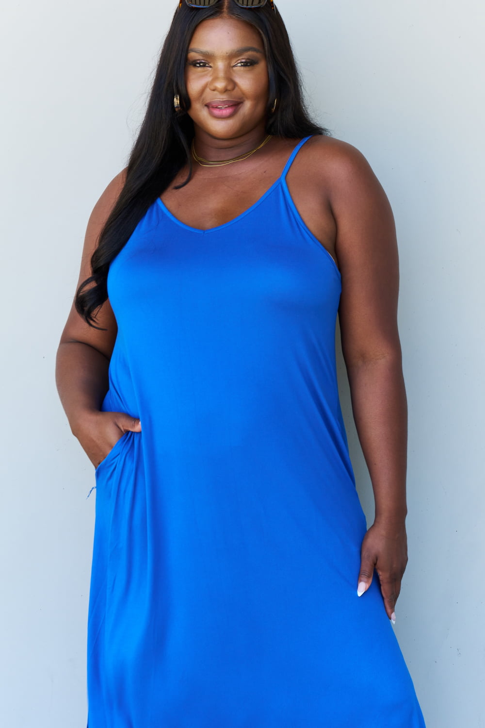 Ninexis Good Energy Full Size Cami Side Slit Maxi Dress in Royal Blue Maxi Dress Trendsi   