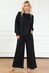 Double Take Full Size Textured Long Sleeve Top and Drawstring Pants Set Pants Set Trendsi Black S 