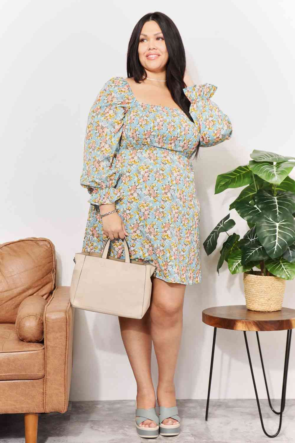 Honey Floral Smocked Flounce Sleeve Square Neck Dress - NeoKira Unlimited