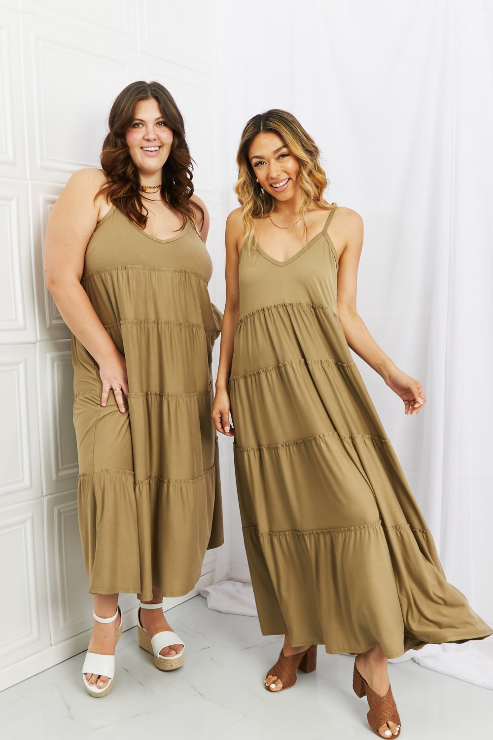 Zenana Full Size Spaghetti Strap Tiered Dress with Pockets in Khaki Maxi Dress Trendsi   