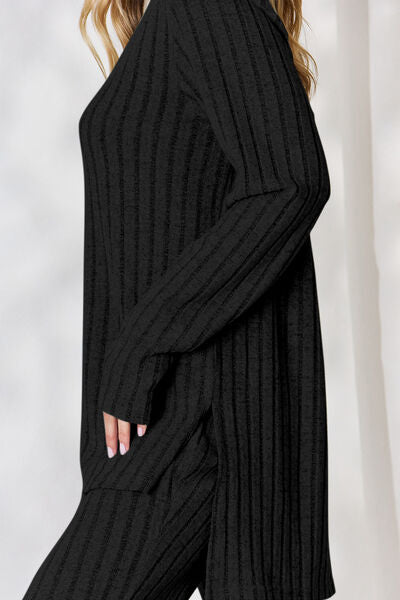 Basic Bae Full Size Ribbed High-Low Top and Wide Leg Pants Set - NeoKira Unlimited