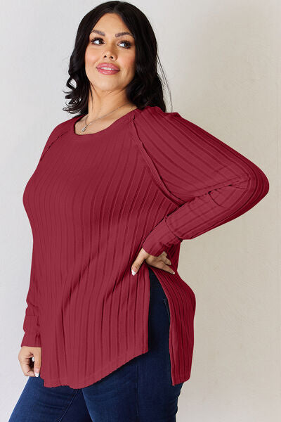 Basic Bae Full Size Ribbed Round Neck Slit Shirt Top Trendsi   