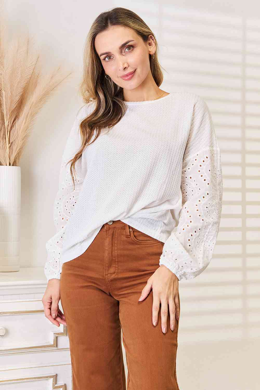 Double Take Eyelet Dropped Shoulder Round Neck Blouse Top Trendsi   