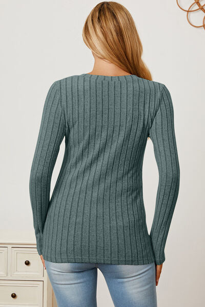 Basic Bae Full Size Ribbed V-Neck Long Sleeve Shirt Top Trendsi   