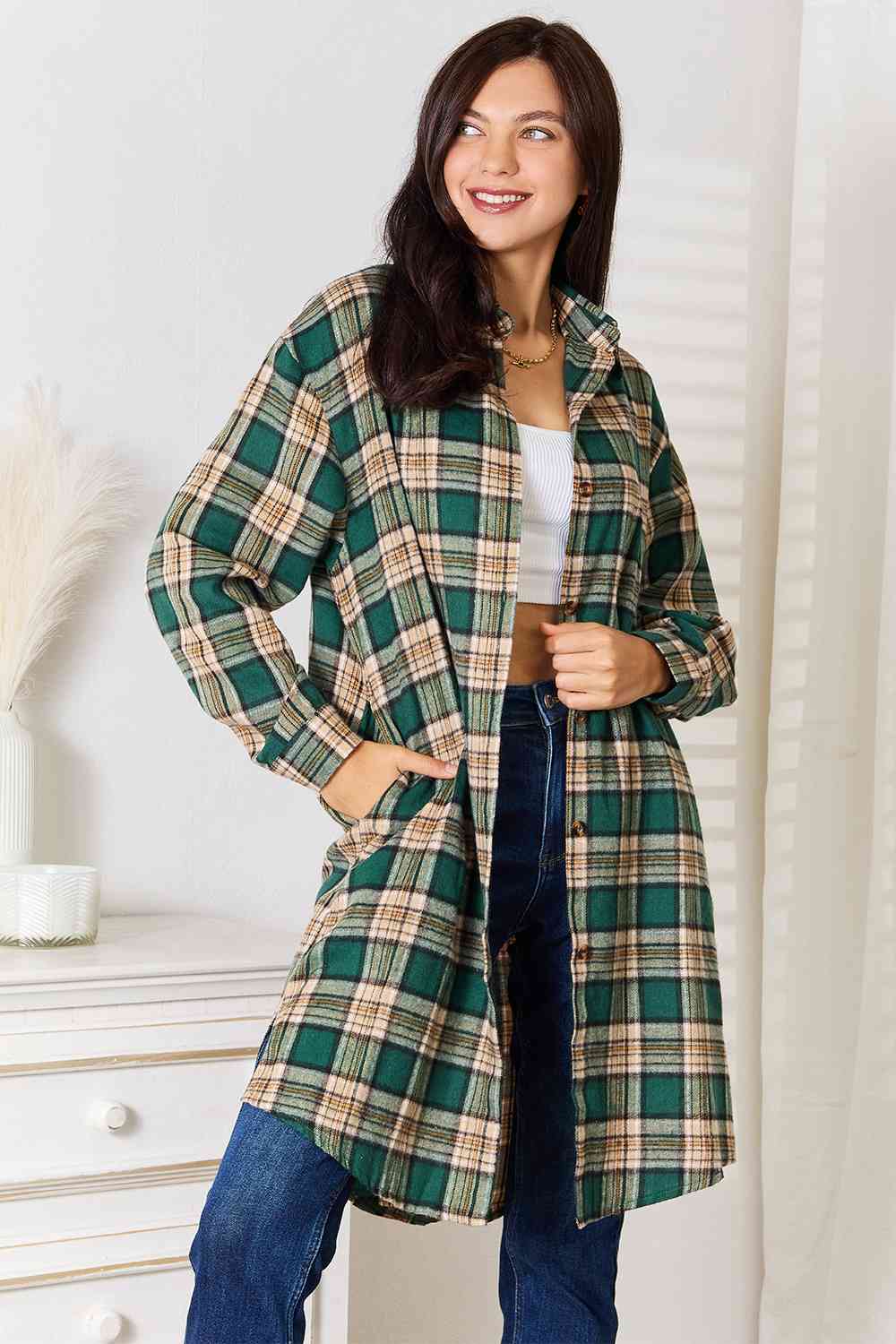 Double Take Plaid Collared Neck Long Sleeve Shirt - NeoKira Unlimited