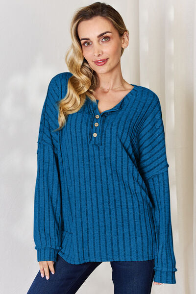 Basic Bae Full Size Ribbed Half Button Long Sleeve Top - NeoKira Unlimited