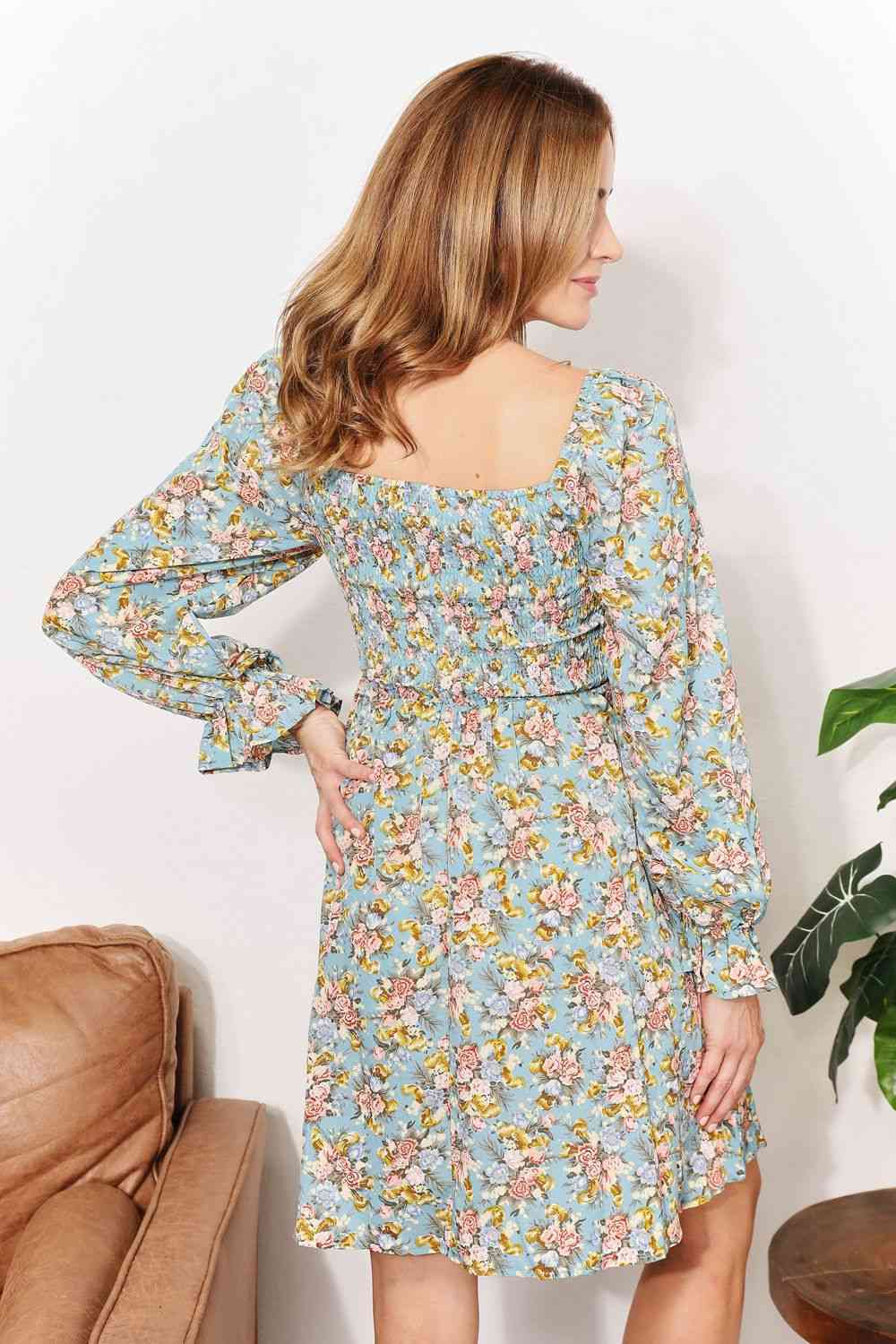 Honey Floral Smocked Flounce Sleeve Square Neck Dress - NeoKira Unlimited