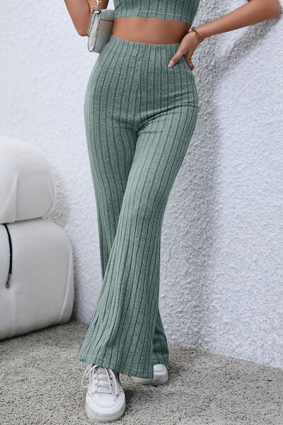 Basic Bae Full Size Ribbed High Waist Flare Pants - NeoKira Unlimited