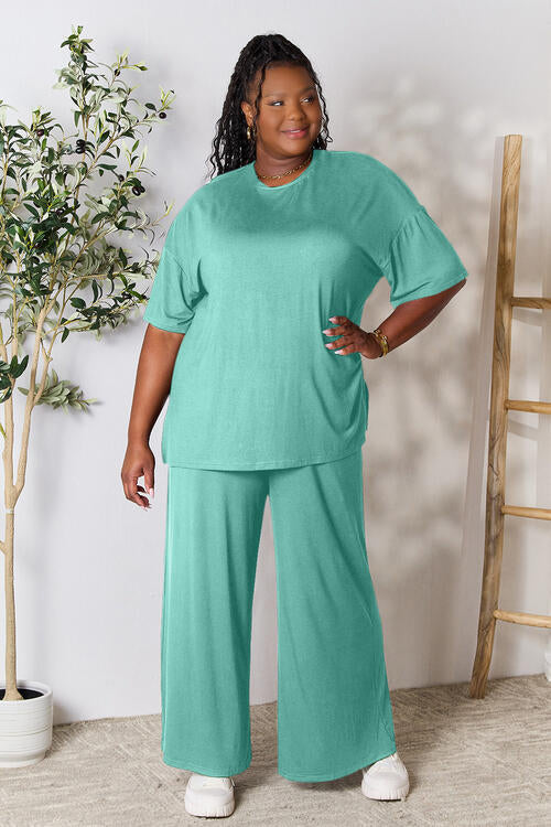 Double Take Full Size Round Neck Slit Top and Pants Set Pants Set Trendsi   