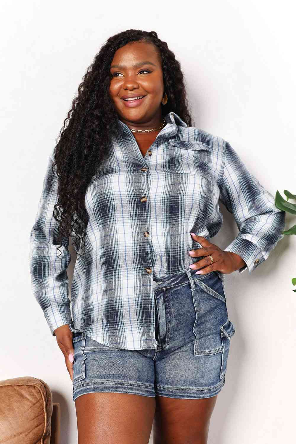 Double Take Plaid Dropped Shoulder Shirt Shirt Trendsi   