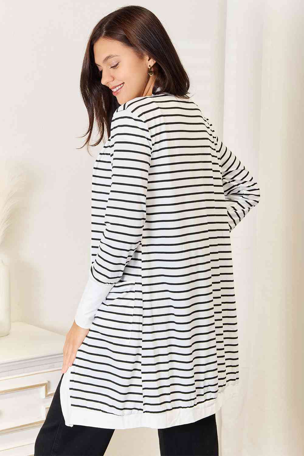 Double Take Striped Open Front Longline Cardigan Cardigan Trendsi   