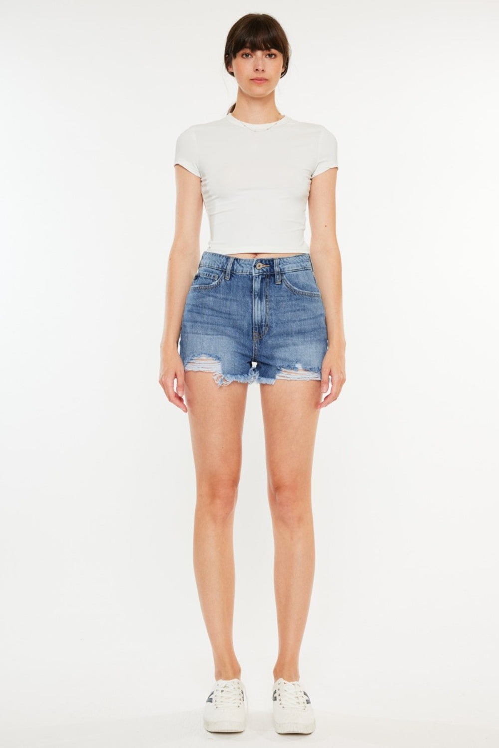 Kancan Distressed Raw Hem High Waist Denim Shorts Denim Shorts Trendsi   