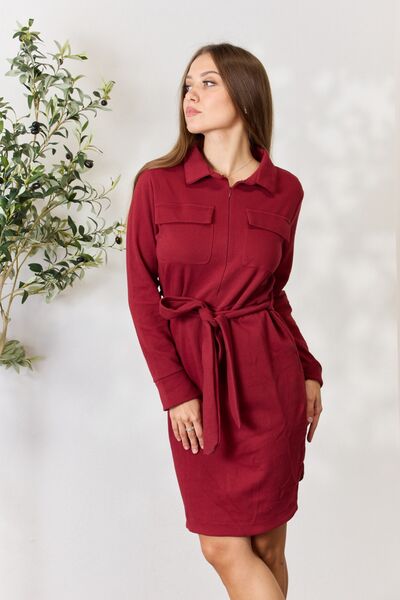 Culture Code Full Size Tie Front Half Zip Long Sleeve Shirt Dress - NeoKira Unlimited