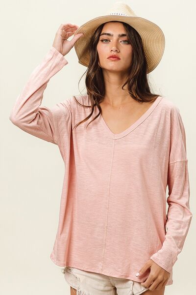 BiBi Exposed Seam V-Neck Long Sleeve T-Shirt Top Trendsi BLUSH S 