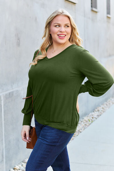 Basic Bae Full Size V-Neck Lantern Sleeve Blouse - NeoKira Unlimited