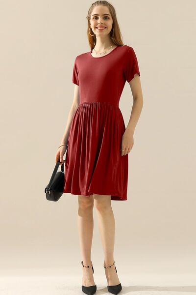 Ninexis Full Size Round Neck Ruched Dress with Pockets Mini Dress Trendsi BURGUNDY S 