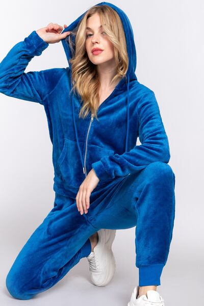 ACTIVE BASIC Faux Fur Zip Up Long Sleeve Hoodie and Joggers Set Pants Set Trendsi DEEP BLUE S 