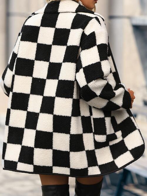 Double Take Full Size Checkered Button Front Coat with Pockets Coat Trendsi   